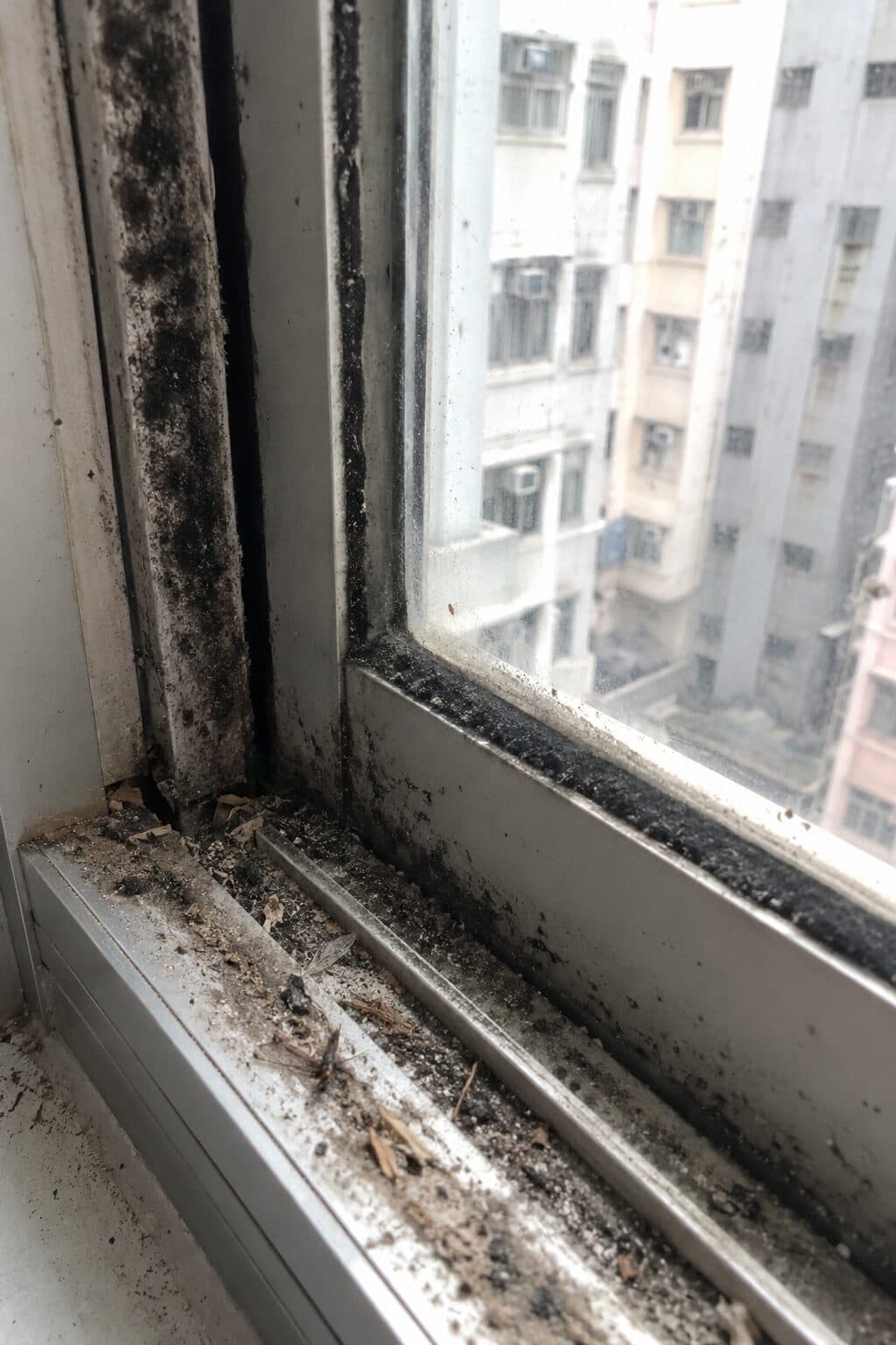 除霉前：鋁窗框及窗軌積聚黑霉及污垢