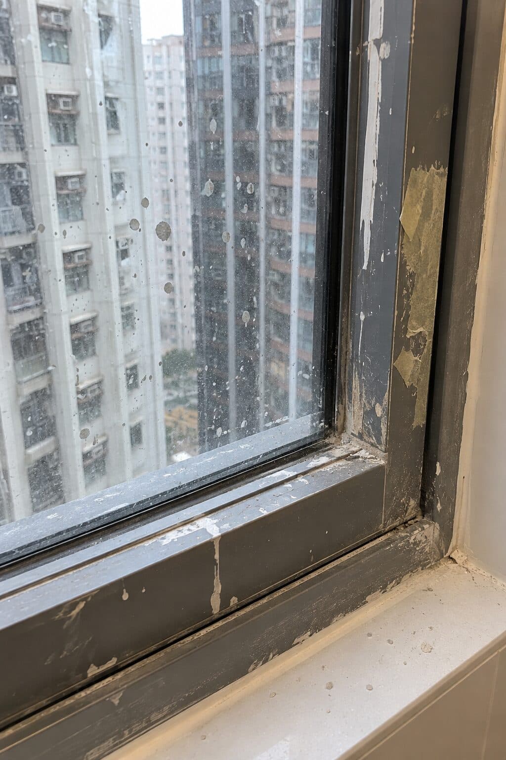 清潔前：窗框及玻璃沾滿油漆漬及灰塵