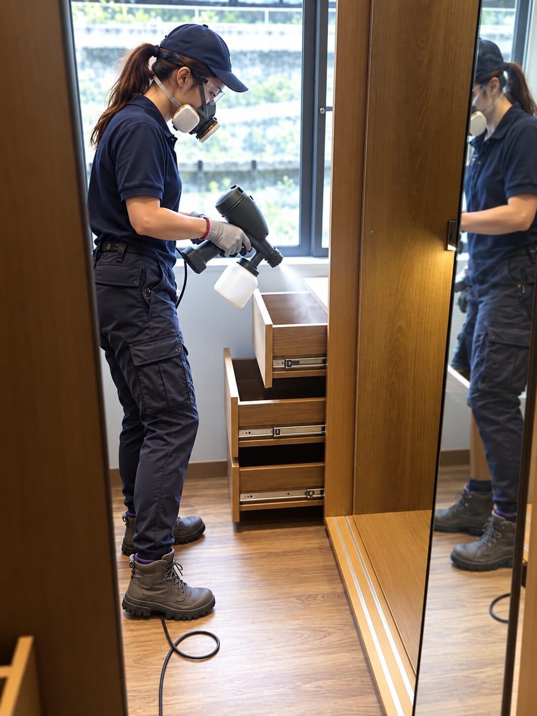 全屋光觸媒除甲醛:技師戴防毒面罩為衣櫃抽屜噴塗