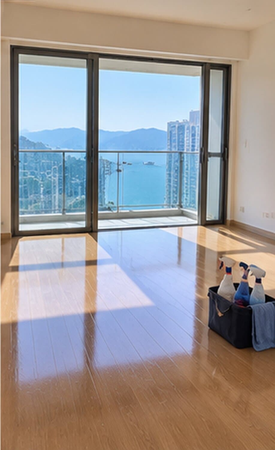 悅居清潔 LUMEN 吉屋清潔:海景空置客廳木地板光潔,清潔用品已準備好