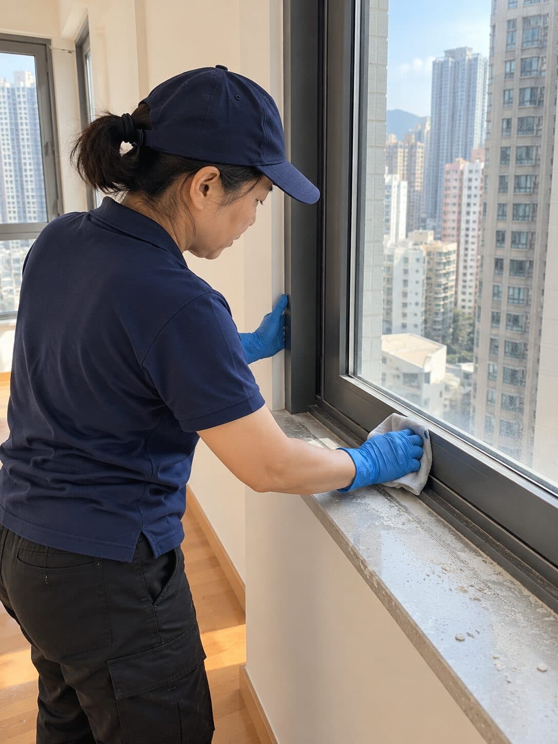 全屋裝修後深層清潔:清潔員抹走窗台上的批盪粉塵