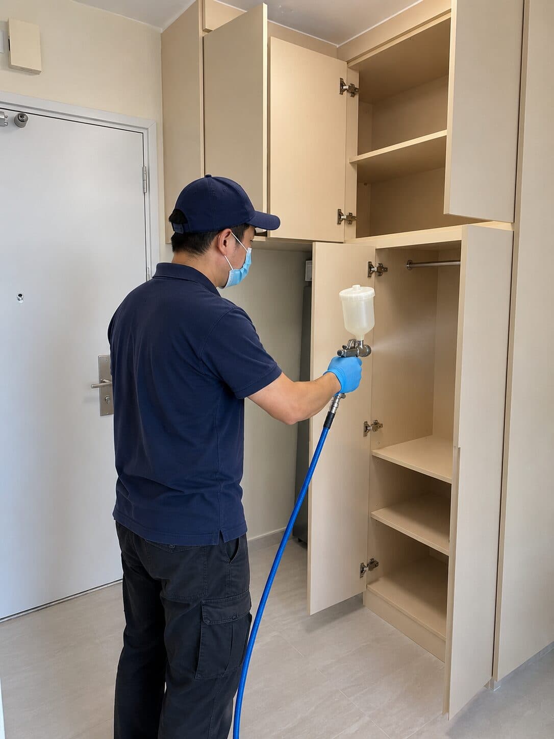 裝修後清潔連除甲醛:技師為玄關新造入牆櫃噴塗除甲醛劑